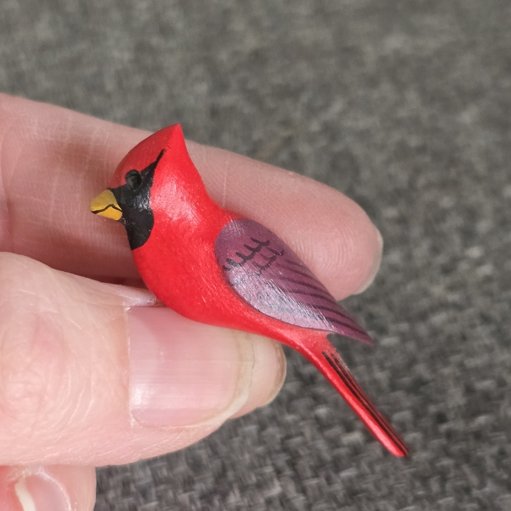 Cardinal Brooch, Hand Carved, Painted Wooden Bird, Artisan Signed estate vintage
